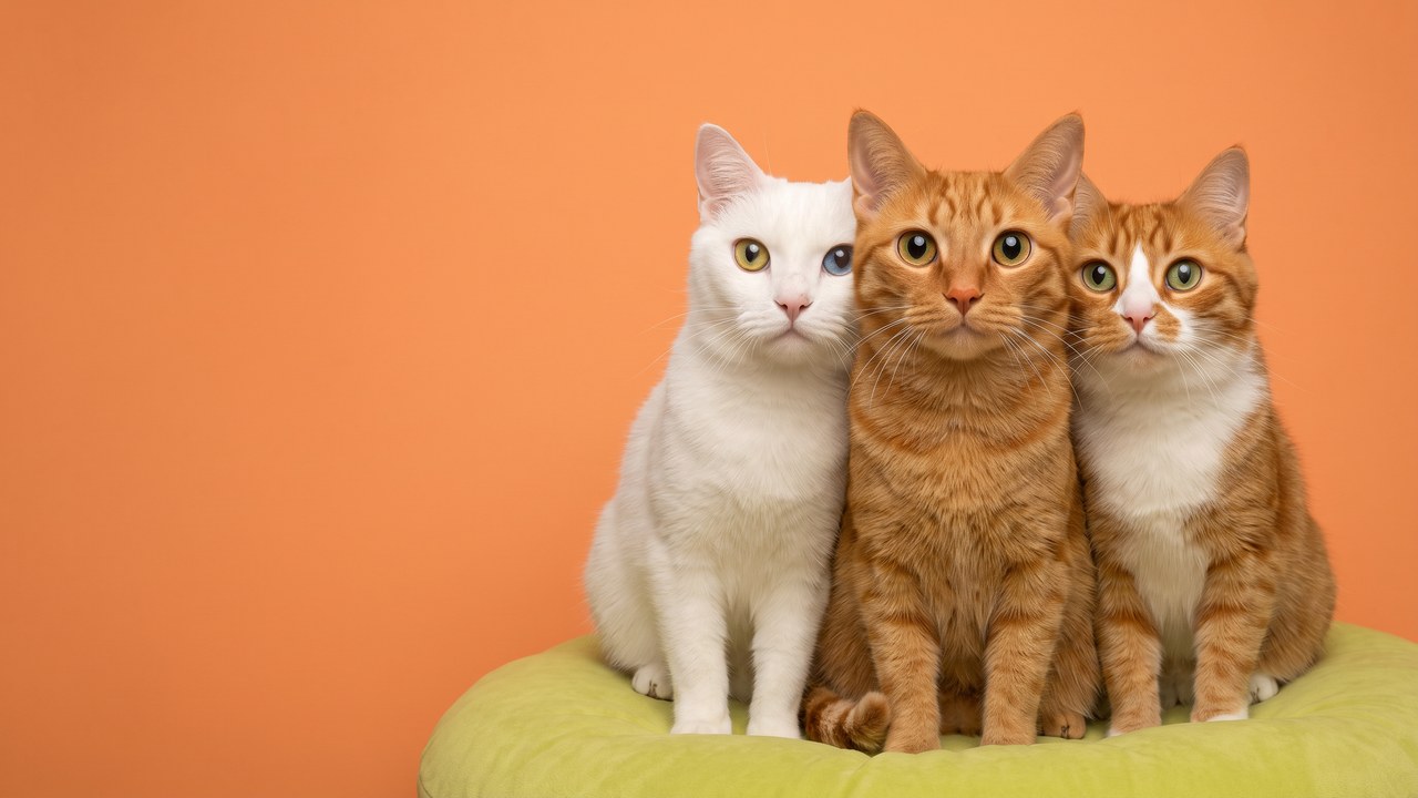 Tiga kucing geng Bitacat duduk atas kusyen hijau